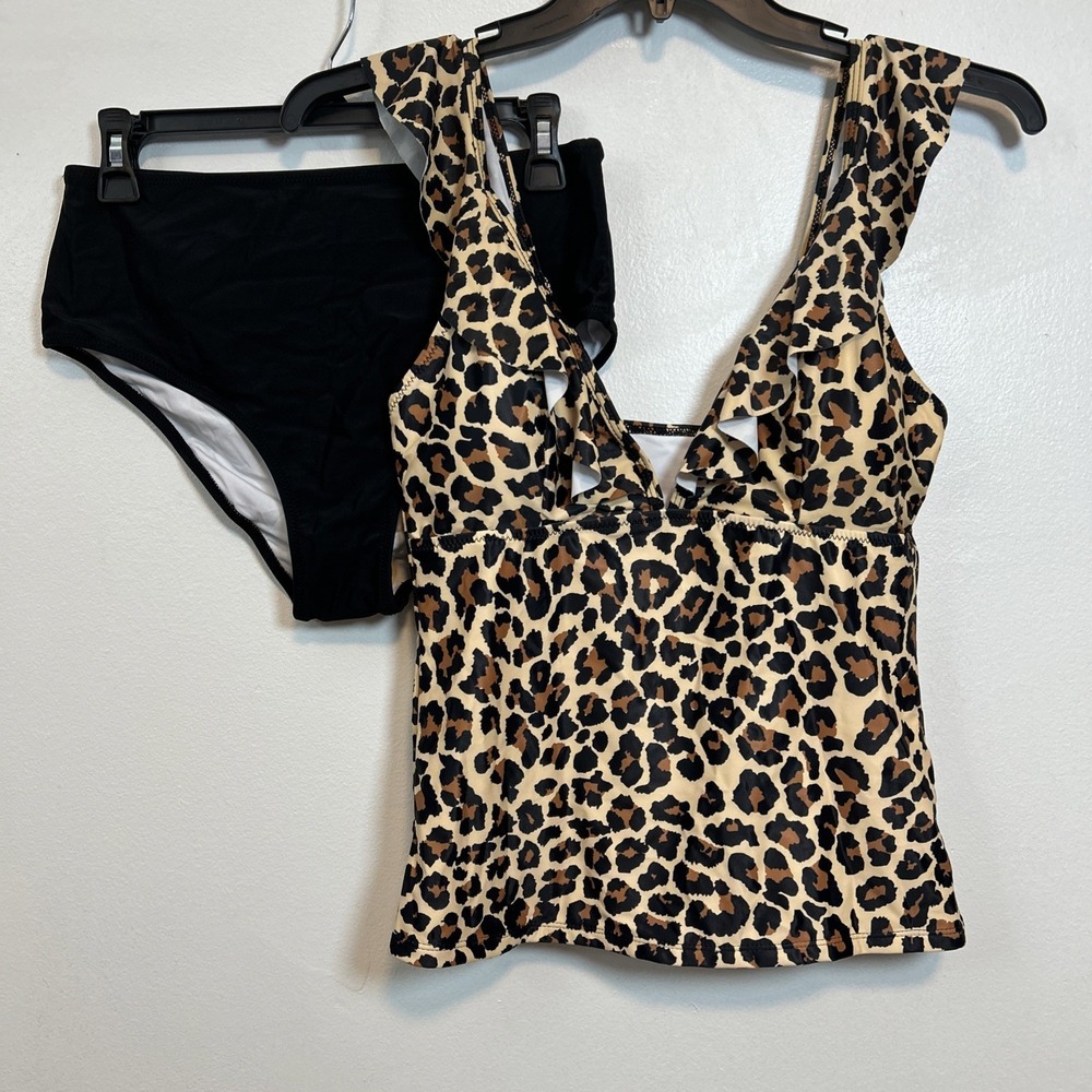 Beachsissi Women L Leopard Print Ruffle Shoulder Tankini Set 6342